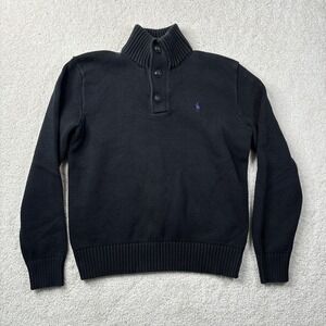 Polo Ralph Lauren Mock Neck Sweater S Black 1/4 Button Knit Pullover Pony Cotton